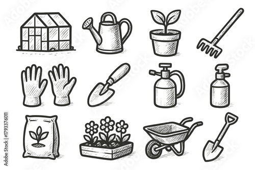 Gloves pot bag bed sprayer icon trowel small tool garden vector soil