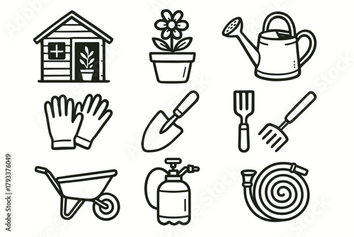Tools icon vector pot rake outdoor garden watering icons gloves sprayer soil