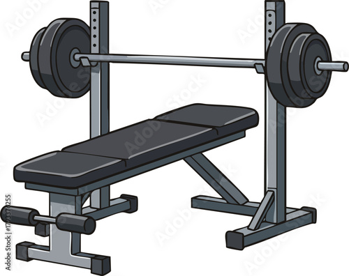 Weightlifting bench press equipment with barbell and weights for strength training vector illustration 