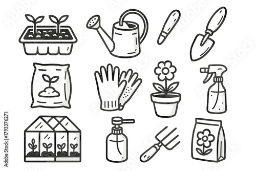 Icons vector garden pot bag kit seed trowel sprayer can tool rake