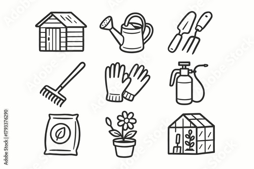 Trowel gardening backyard soil gloves tools icons vector rake shed watering icon