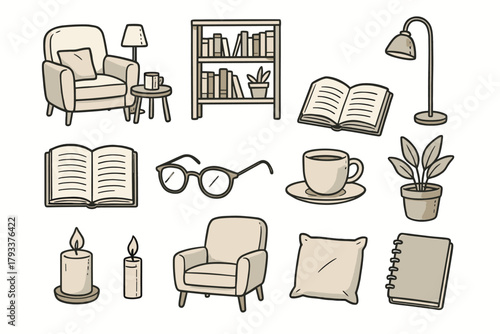 Book lamp space notebook shelf glasses vector wooden icons library icon potted