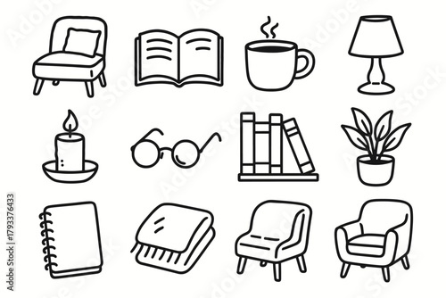 Mug essentials home reading blanket bookshelf open vector lamp notebook icon