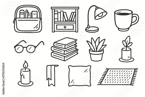 Icons bookmark candle reading library vector books eyeglasses icon bookshelves rug home