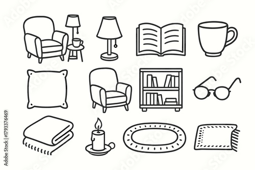Blanket home pillow lamp icons cup chair library rug bookshelf icon book