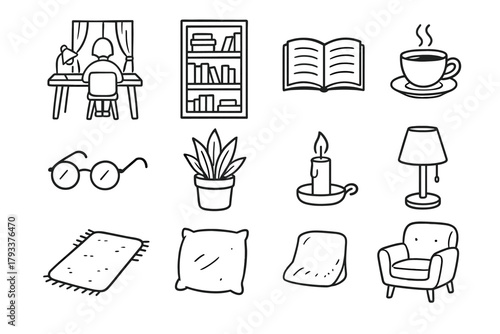 Home plant rug icon study vector icons cozy library chair quiet shelf