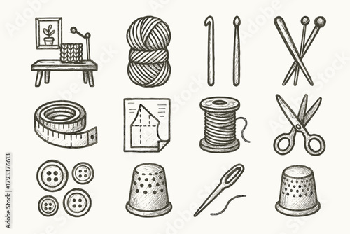 Artisan spool thimble tape vector measure icon set paper corner icons knitting