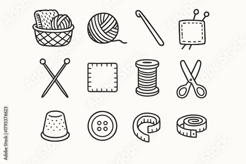 Tape kit icon vector knitting scissors hook icons studio cozy sheet yarn