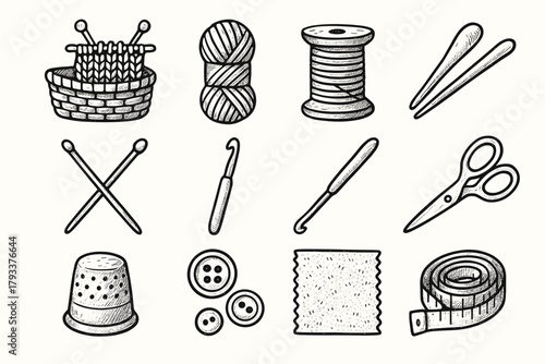 Studio textile skein scissors buttons creative vector needles knitting icons measuring spool