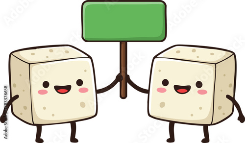 Cute happy sugar cube characters holding blank green sign vector illustration for fun designs 