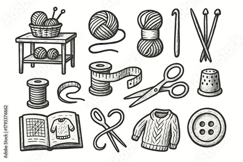 Icons studio yarn desk thimble vector knitting icon craft spool handmade scissors