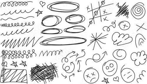 a collection of various hand drawn doodle shapes lines and whimsical sketches on a white background