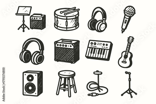 Icon keyboard gear mic stool guitar headphones stand vector drum equipment icons