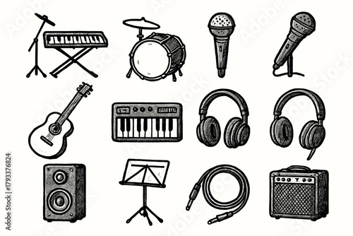 Cable drum icon keyboard microphone music vector speaker set guitar amp