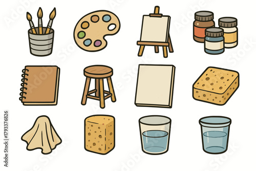 Water art artist palette jars sponge supplies icon stool easel vector
