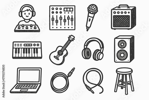 Set music keyboard stool guitar vector microphone headphones laptop icon sound mixer