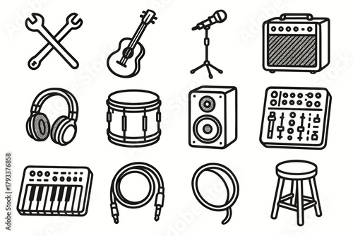 Music guitar musician drum amplifier headphones gear icon tools icons vector stool
