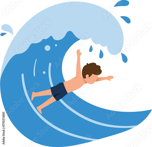 Boy surfing big blue ocean wave enjoying summer water sport activity vector illustration 