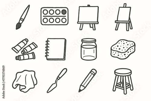 Supplies canvas pencil icons sponge palette watercolor art icon paint paintbrush tubes
