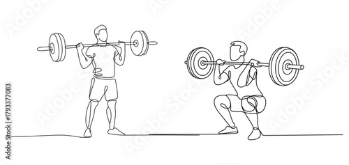 Two men lifting weights performing different exercises barbell.