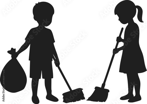 Children cleaning together with brooms and trash bag silhouette vector illustration for teamwork and responsibility concept 