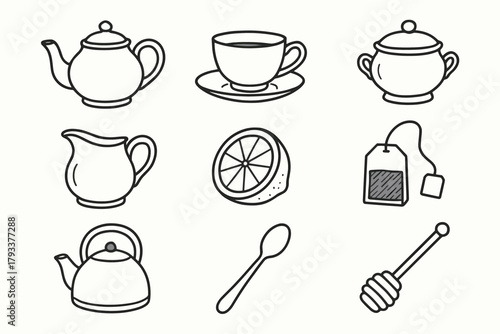 Jug modern afternoon teapot slice tea honey icon bowl vector icons saucer
