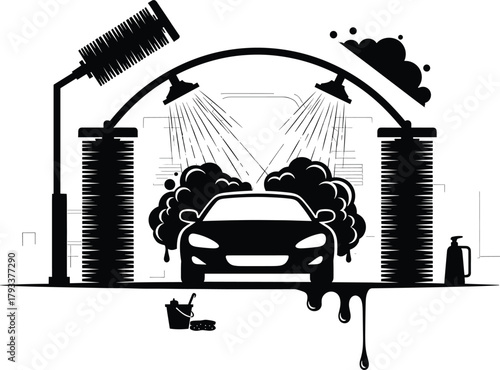 Black silhouette of car wash with brushes and soap
