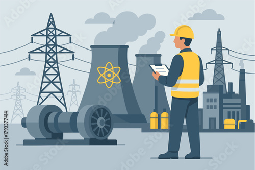 Nuclear Power Plant Illustration – Engineer and Energy Industry Concept