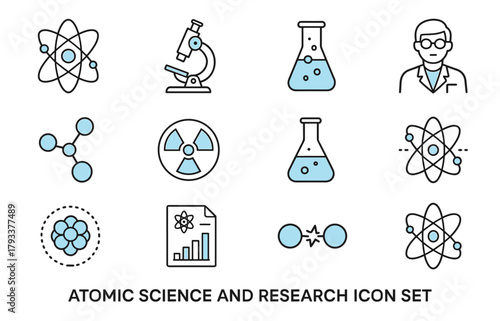 Atomic Science and Research Icons – Laboratory and Chemistry Line Set