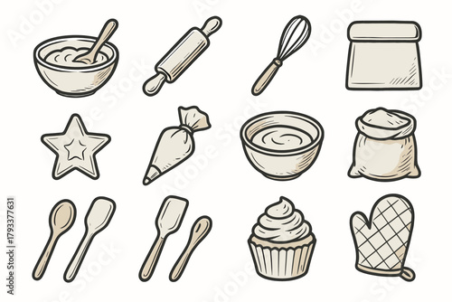 Set cookie baking flour spatula dough icon sack tools vector cupcake spoon