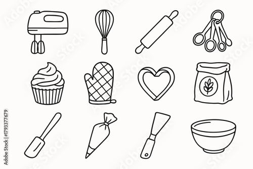 Collection vector baking icon dessert tools cupcake rolling measuring flour bag oven