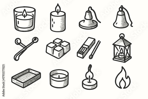 Items tray icons melt wax wick cozy vector glass candle icon decor