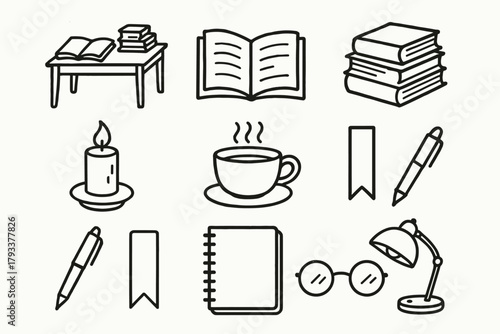 Stacked desk cup vector tea s notebook icon book glasses reader lover