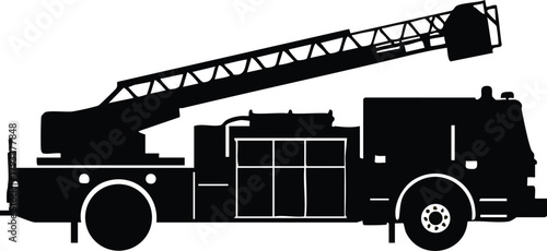 Fire truck silhouette vector with extended ladder in side view for emergency and rescue illustration 