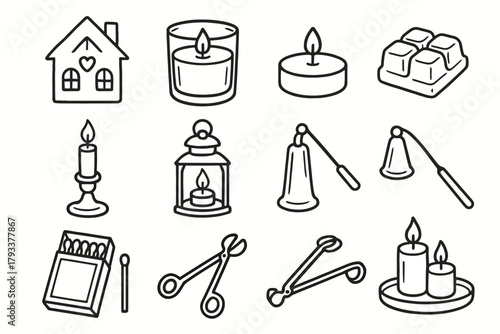 Glass melt collection wick lantern icon candle set holder vector home