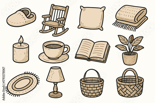 Items blanket icon cozy rocking tea houseplant comfort vector icons basket pillow