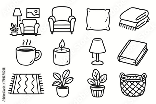 Cozy pillow lamp peaceful space mug icons plant vector icon candle living