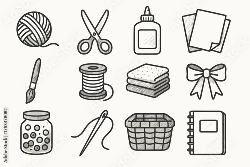 Crafting bottle vector icons thread scissors paper ribbons stack collection icon needle