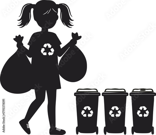 Girl carrying recycling bags with recycling bins in environmental sustainability concept vector illustration 