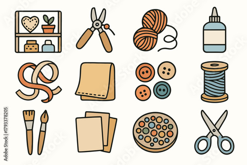 Beads tools paper brushes craft icon scissors vector ribbons buttons
