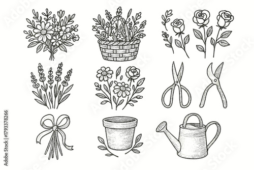 Blooming pot roses can bouquet lavender vector icon watering wildflowers floral basket