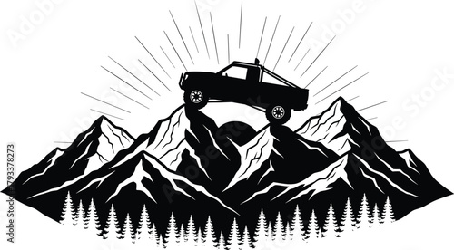 Black silhouette of off road truck on mountain peak, off road truck, 4x4, mountain, peak, summit, adventure, exploration, travel, nature, wilderness, forest, trees, pine trees, evergreen, landscape, s