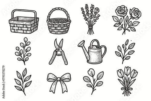 Sprig pruning icon leaf bow floral vector basket rustic icons bundle ribbon