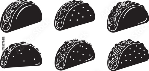 Six Stylized Black Tacos with White Outline and Detail on White Background food mexican food