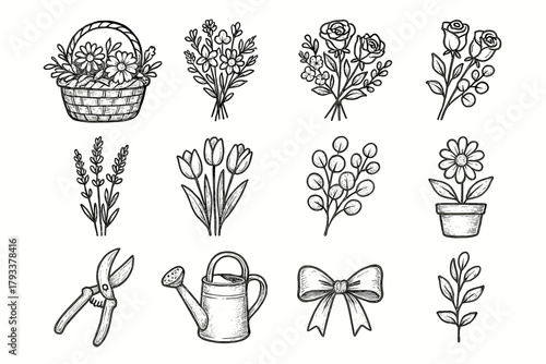 Collection lavender flower vector icon rose shears countryside floral pruning watering can