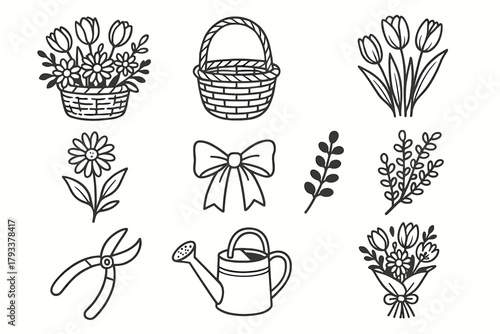 Ribbon icon vector pruning basket woven bouquet icons shears floral natural arrangement