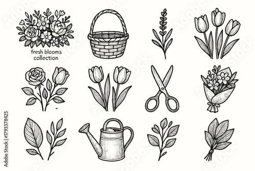 Ribbon scissors icon collection tulips bouquet floral lavender pot basket blooms icons