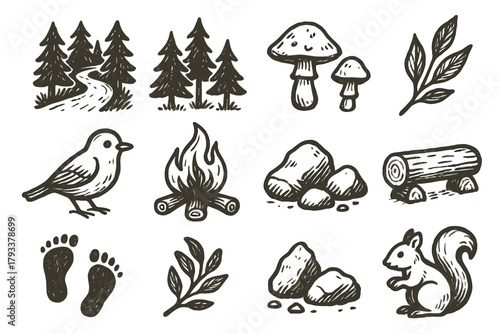 Journey icon log mushrooms campfire vector path icons bird footprints woodland forest
