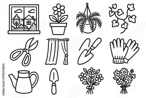 Vine icons vector trowel flower view ivy greenery pruning icon shears window