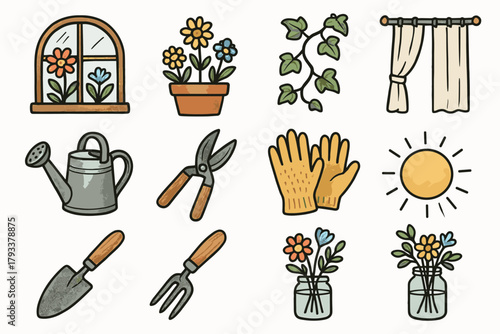 Ivy sunlight pruning garden vector beam potted gloves tool icon arrangement shears